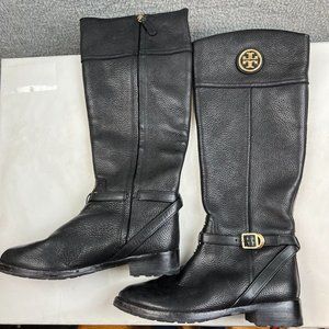 Tory Burch Teresa Logo Pebble Leather Riding Boots Black Size 9M